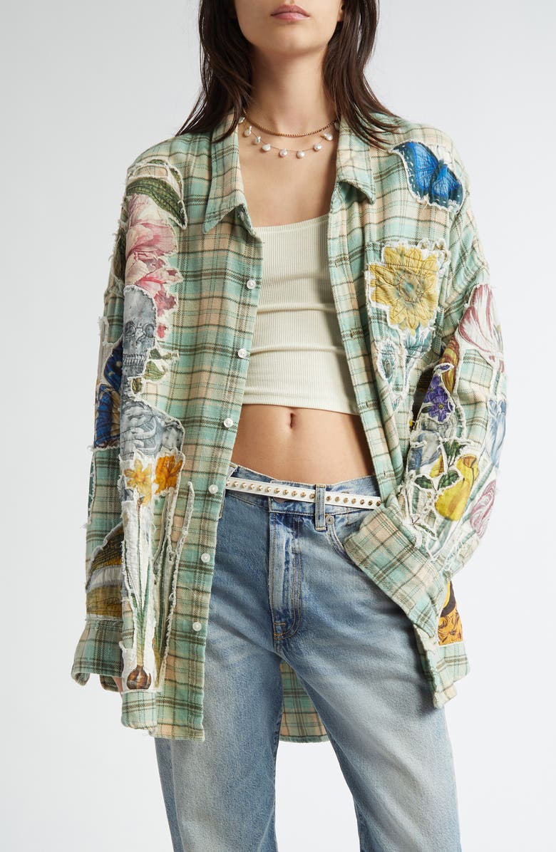 R13 Drop Neck Floral Patch Plaid Button-Up Shirt, Main, color, 