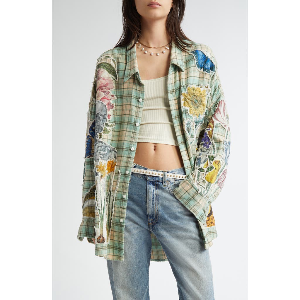 R13 Drop Neck Floral Patch Plaid Button-up Shirt In Light Green Plaid Applique