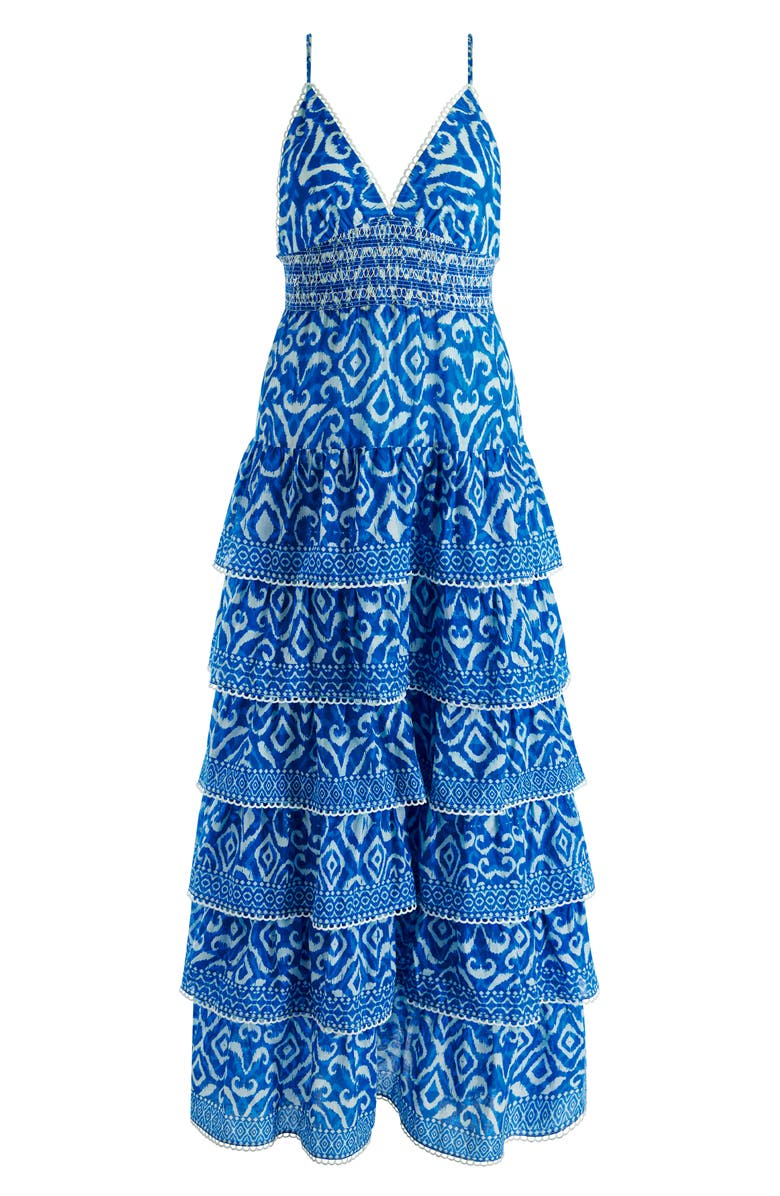 Alice + Olivia Imogene Ikat Print Tiered Open Back Maxi Dress, Alternate, color, Artisan Ikat French Blue
