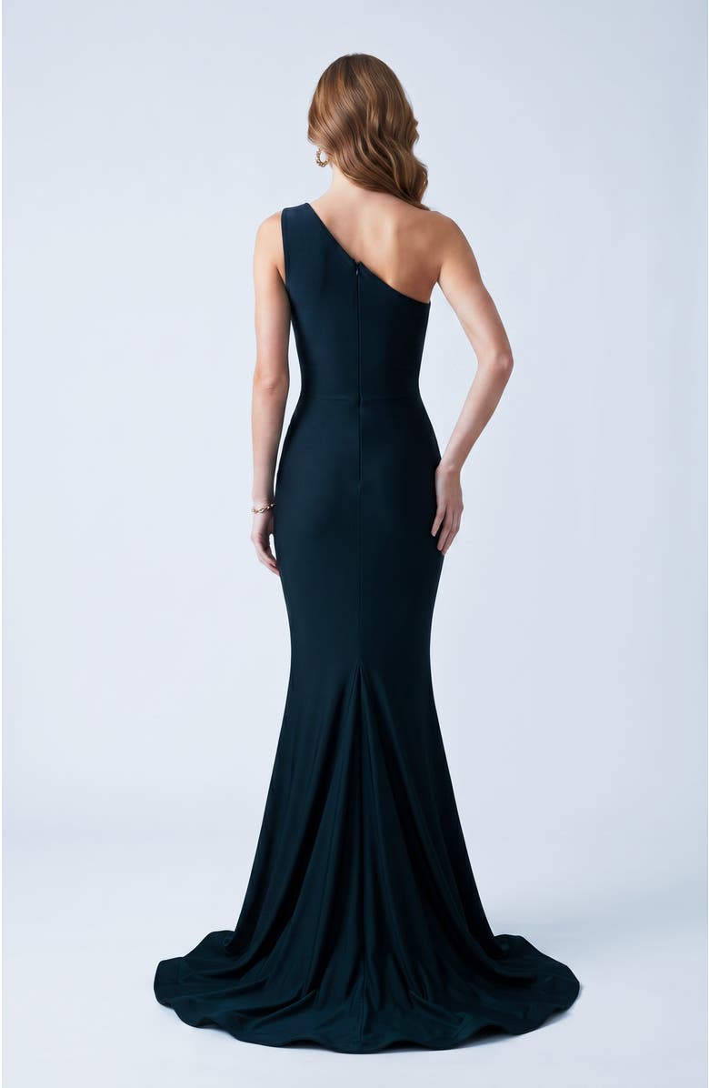 Jessica Angel One Shoulder Ruched Mermaid Evening Gown, Alternate, color, Black