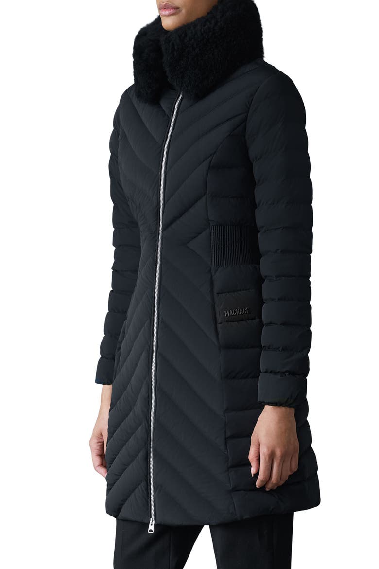 Water Repellent Chevron Quilted Down Coat with Removable Genuine Shearling Collar, Alternate, color, BLACK