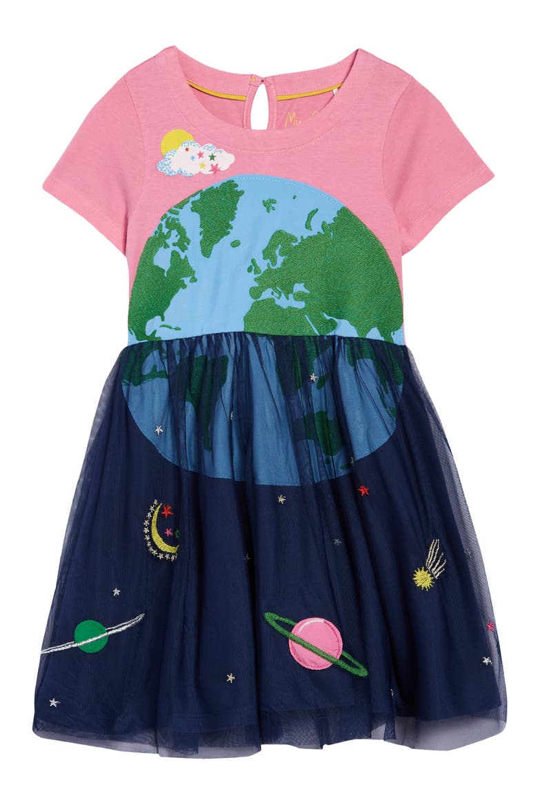 Kids' Earth & Beyond Appliqué Cotton Dress, Main, color, BRIGHT PETAL PINK SPACE