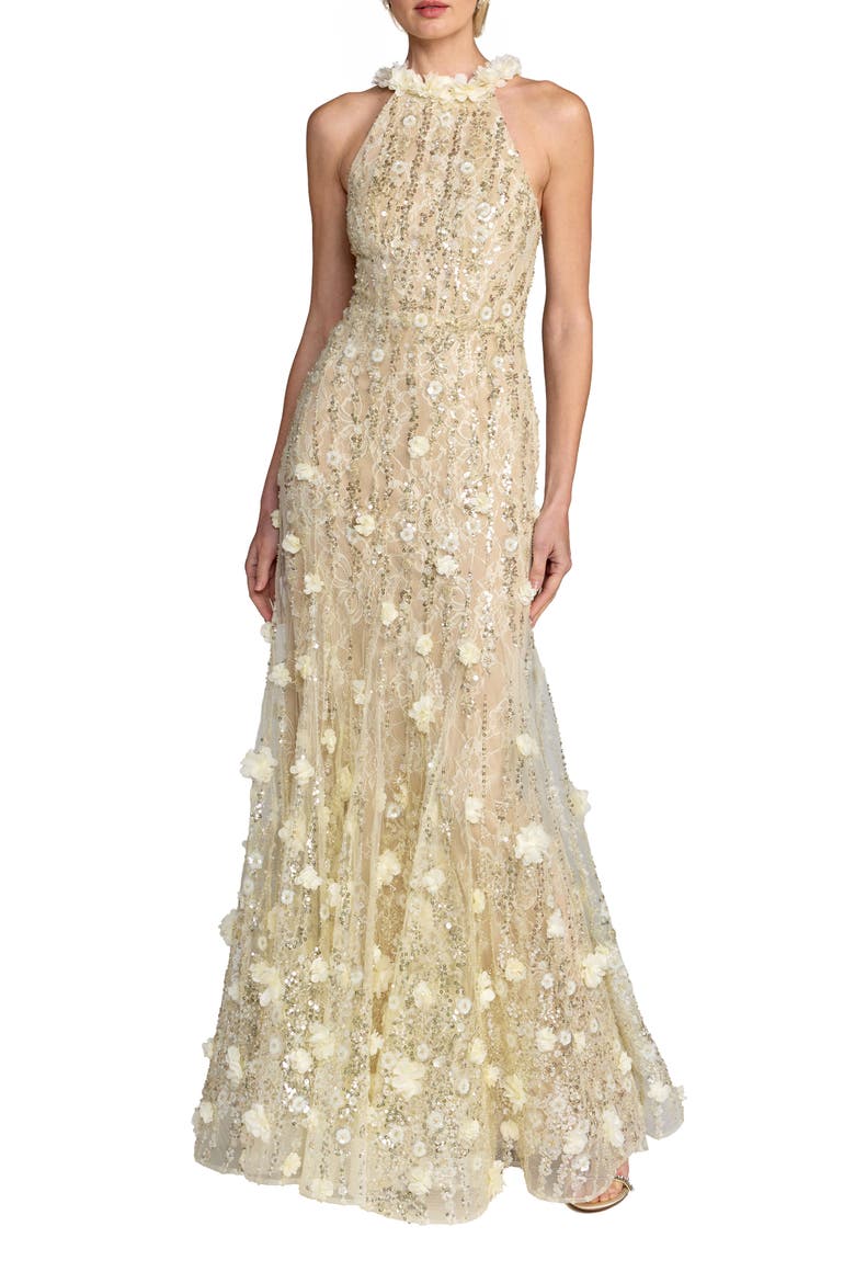 Beaded Lace Halter Neck Sleeveless Mermaid Gown, Main, color, Butter