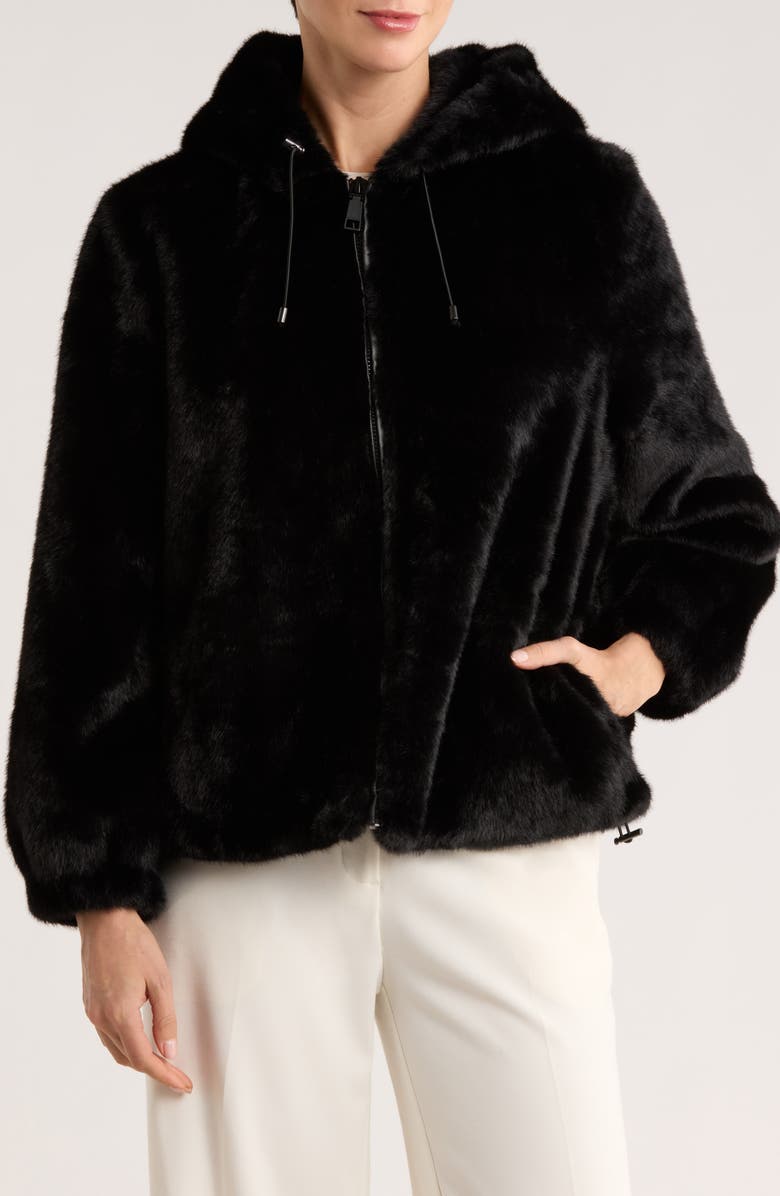 Rebecca Minkoff Faux Fur Hooded Jacket, Main, color, Black