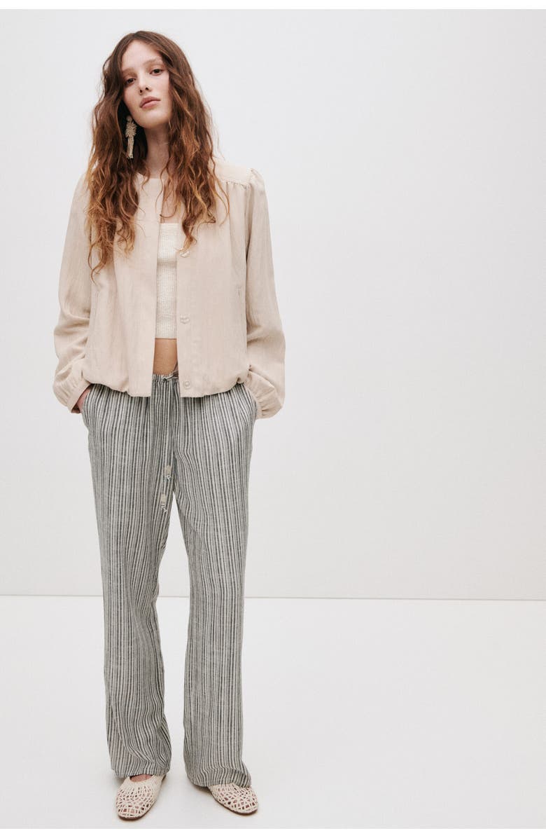 H&M Linen-blend Drawstring Trousers, Main, color, Black/Striped