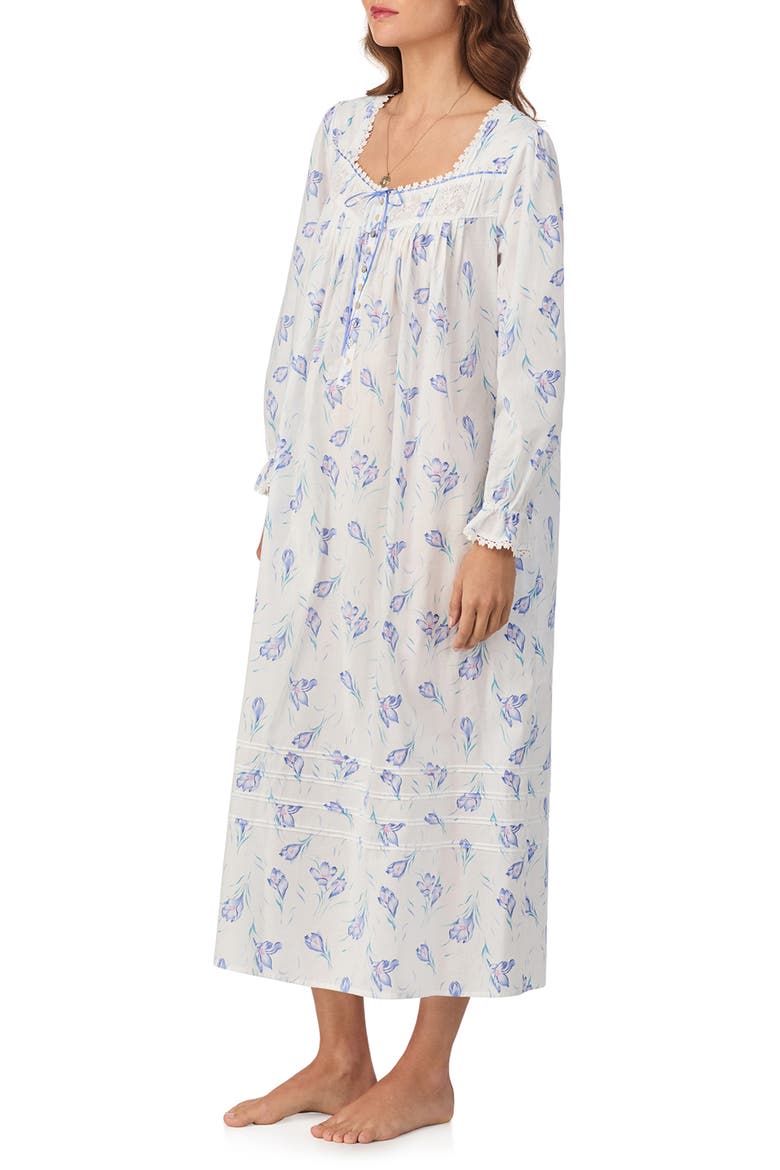 Long Sleeve Cotton Ballet Nightgown, Alternate, color, WHITE/ BLUE FLORAL