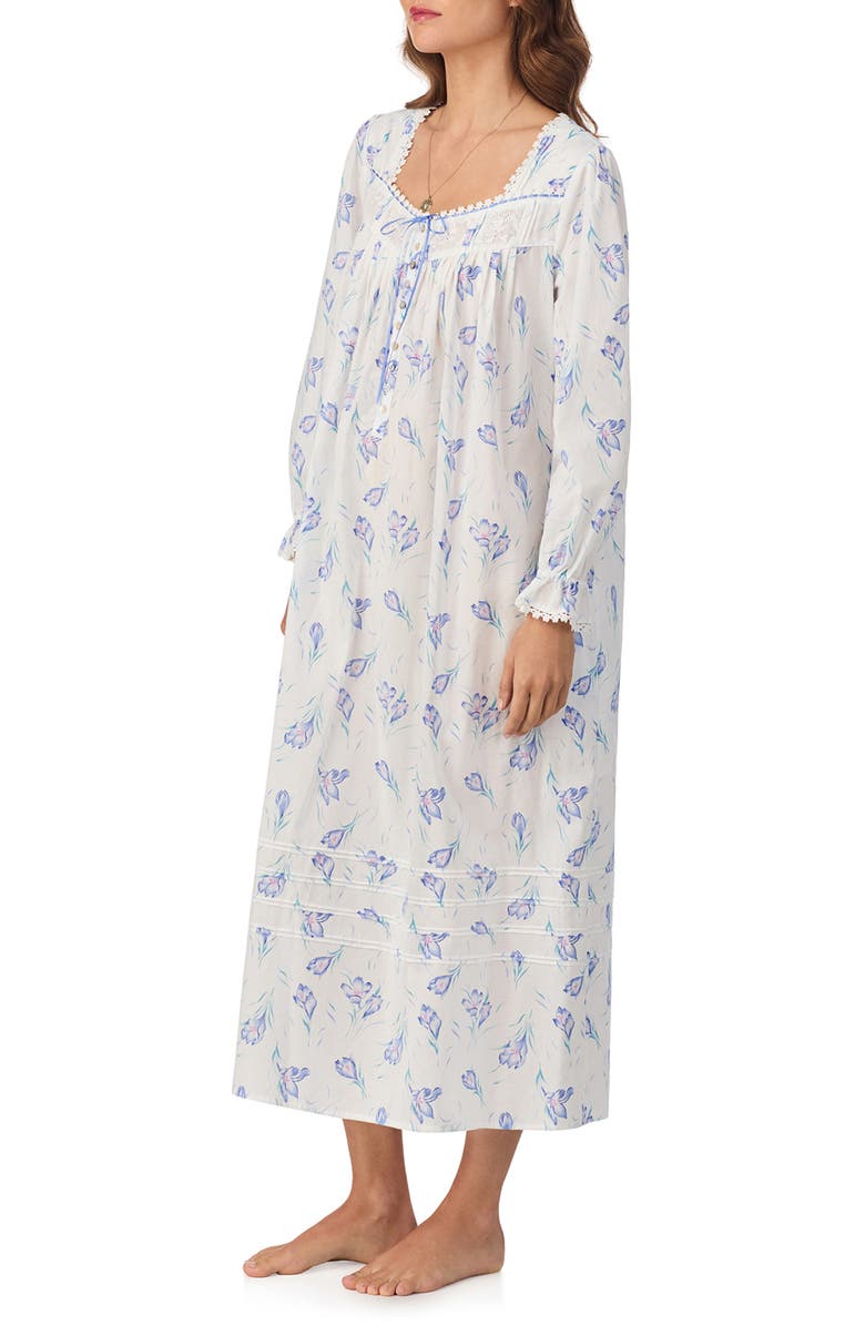 Eileen West Long Sleeve Cotton Ballet Nightgown, Alternate, color, White/ Blue Floral