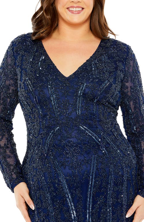 Mac Duggal V-neck Sheer Embellished Mesh Gown In Blue