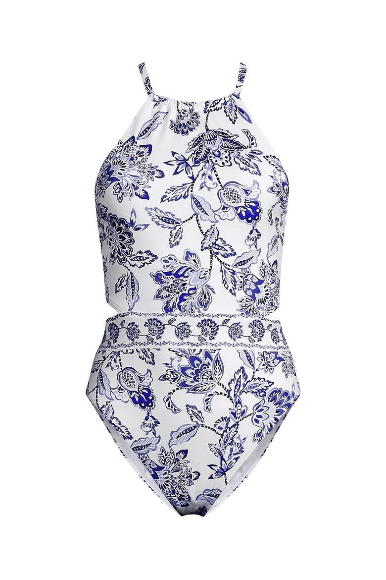 High Neck Monokini High Leg One Piece Swimsuit, Alternate, color, Blue Vintage Floral