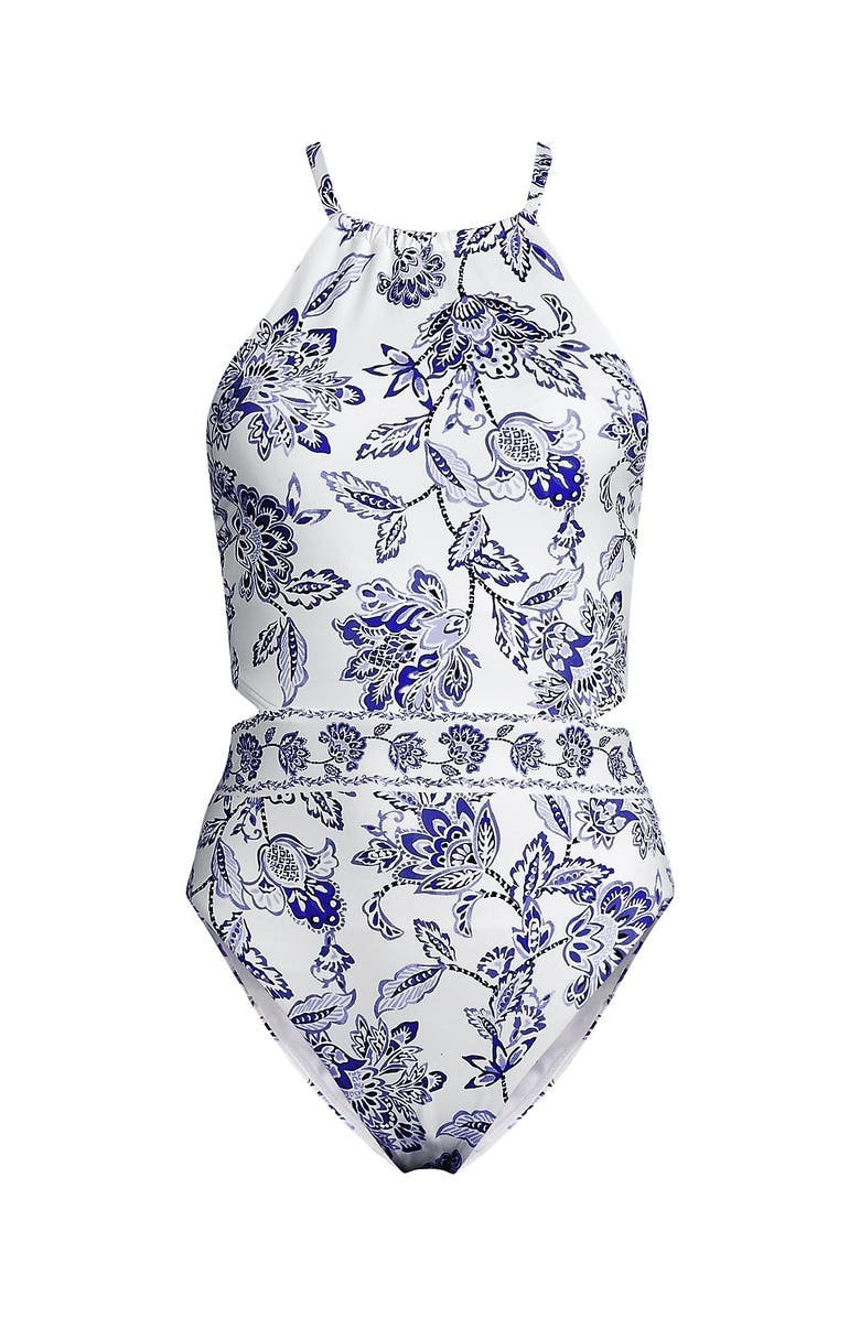 Lands' End High Neck Monokini High Leg One Piece Swimsuit, Alternate, color, Blue Vintage Floral
