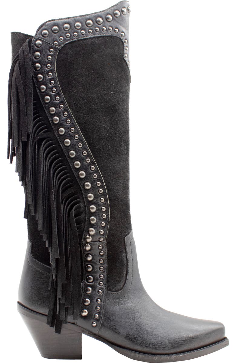 Volatile Palomino Fringe Knee High Western Boot, Alternate, color, Black