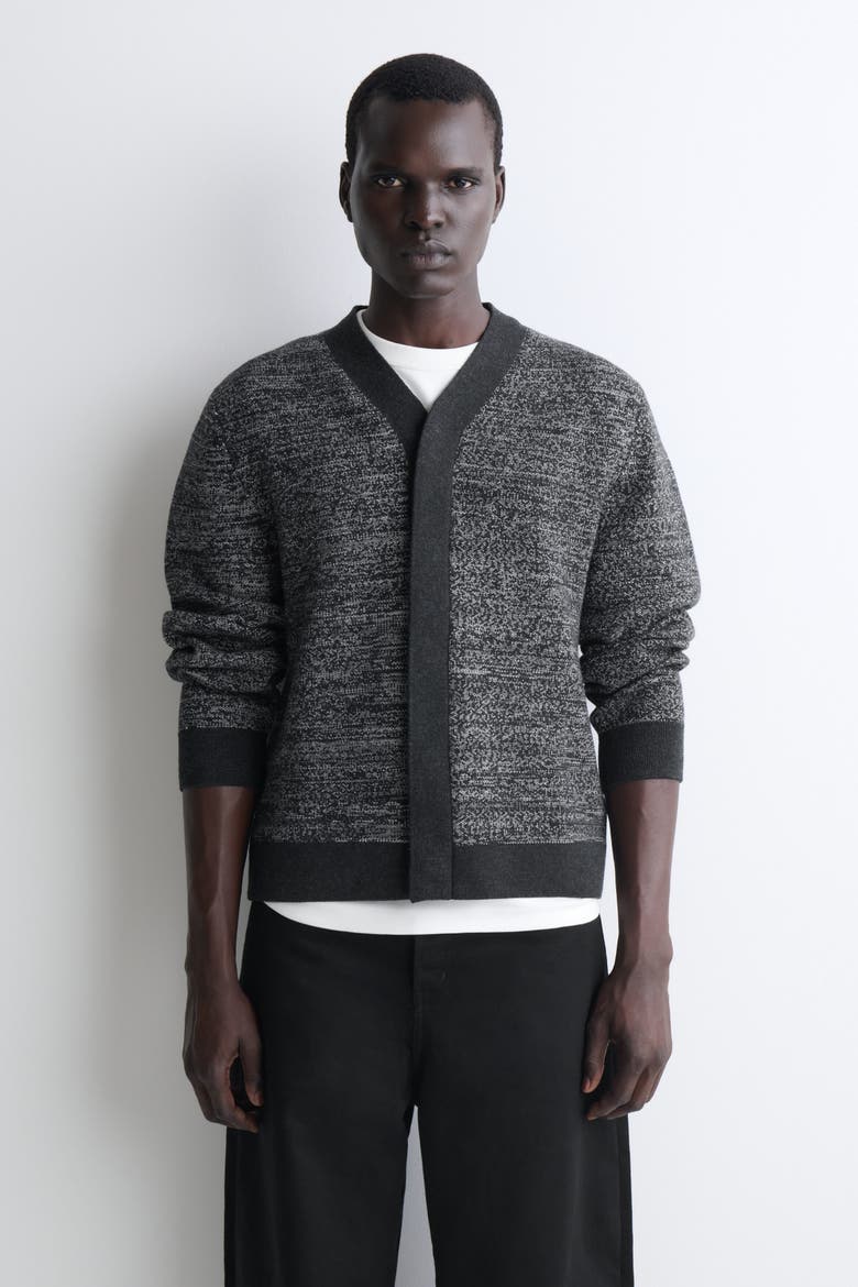 Contrast-Detail Wool V-Neck Cardigan, Main, color, GRAY MÉLANGE