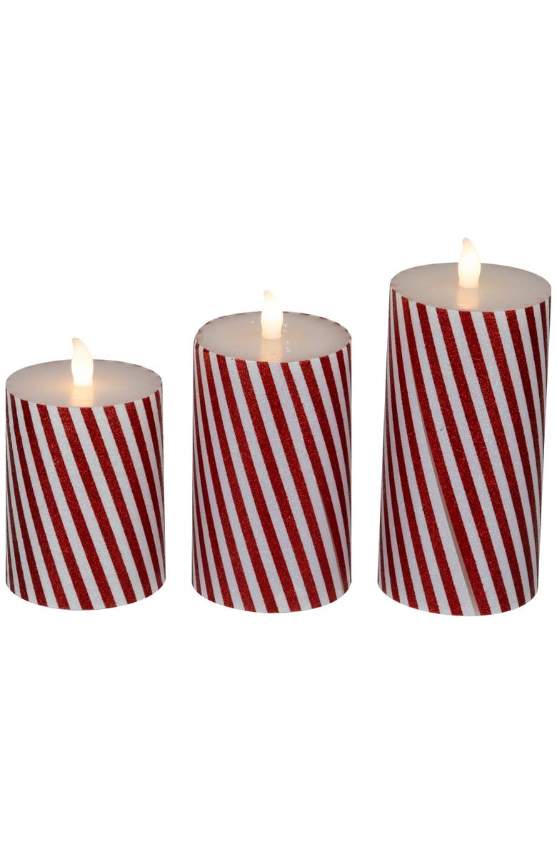 Northlight LED Flickering Flameless Candy Cane Striped Christmas Wax Pillar Candles - 6" - Set of 3, Alternate, color, Red