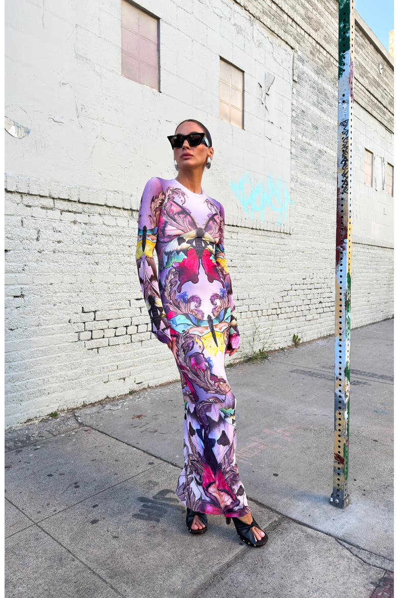 Didi Long Sleeve Mesh Maxi Dress, Alternate, color, ORNATE BUTTERFLY