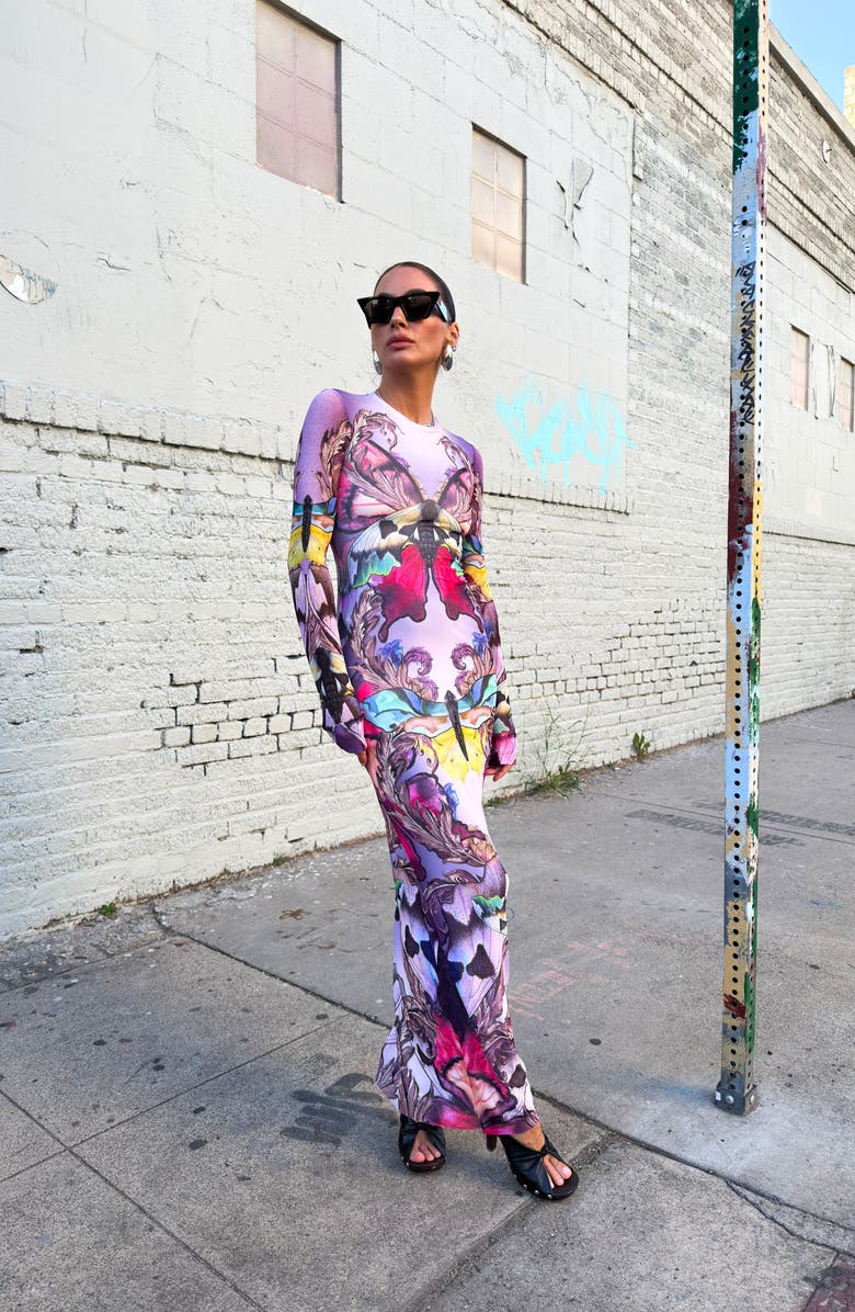 AFRM Didi Long Sleeve Mesh Maxi Dress, Alternate, color, Ornate Butterfly