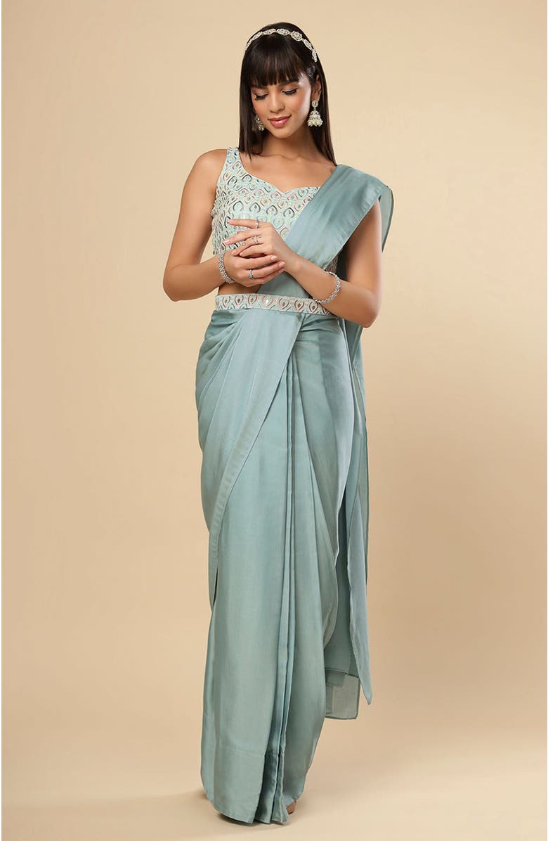 One Minute Saree<sup>®</sup> Meriel Silver Turquoise Crepe Satin Ready to Wear Saree, Main, color,