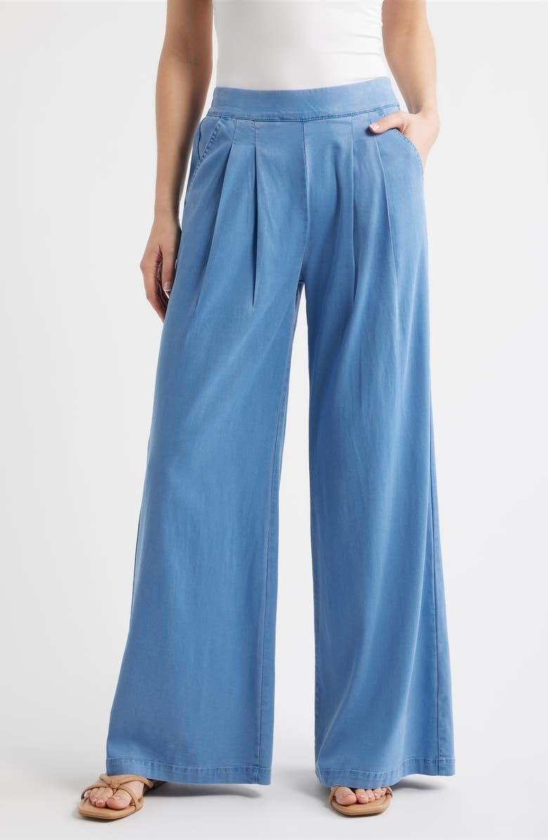 Hue Wide Leg Pull-On Denim Pants, Main, color, Chambray