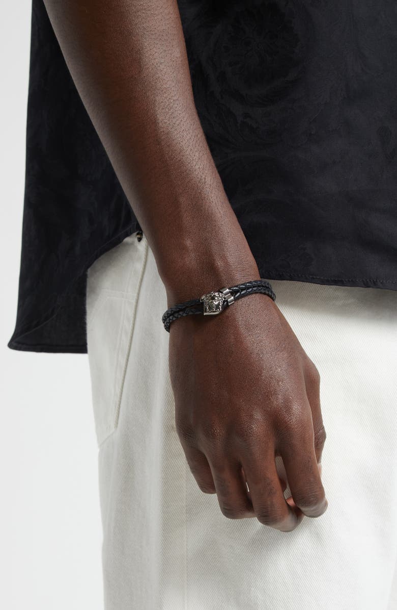 Versace Medusa Braided Leather Bracelet, Alternate, color, Black/ Silver