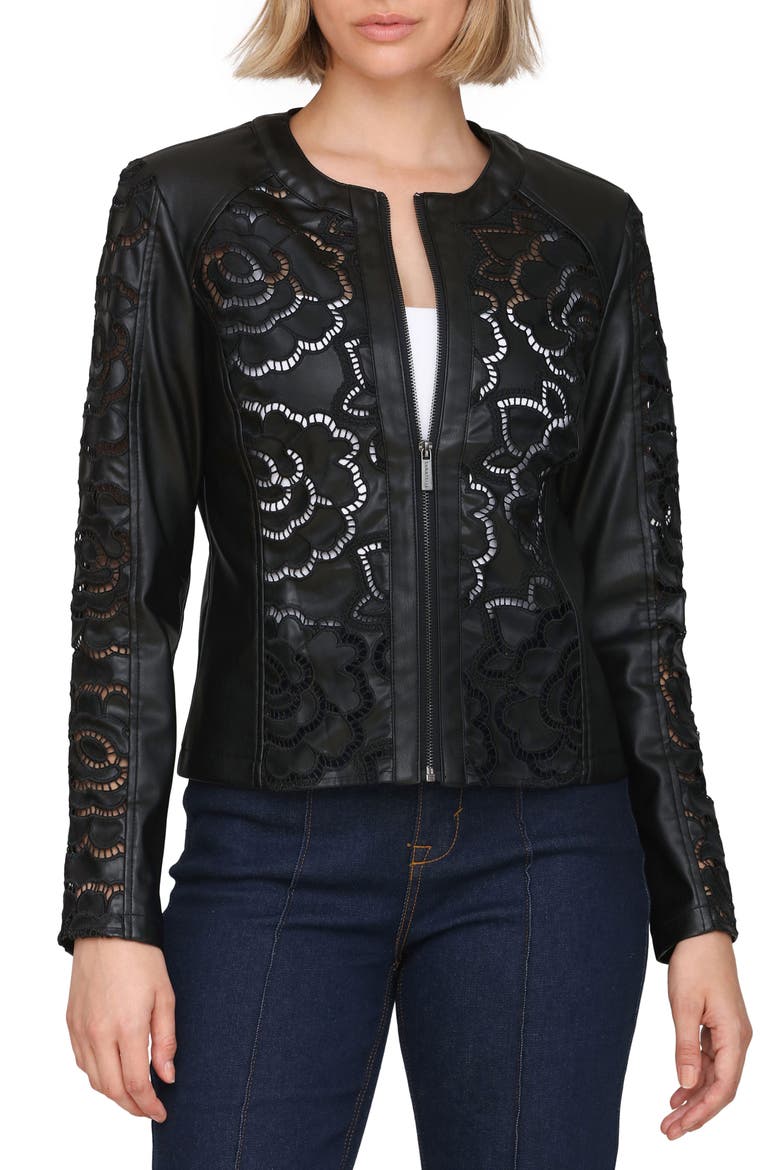 Floral Ladder Cutout Faux Leather Jacket, Main, color, BLACK
