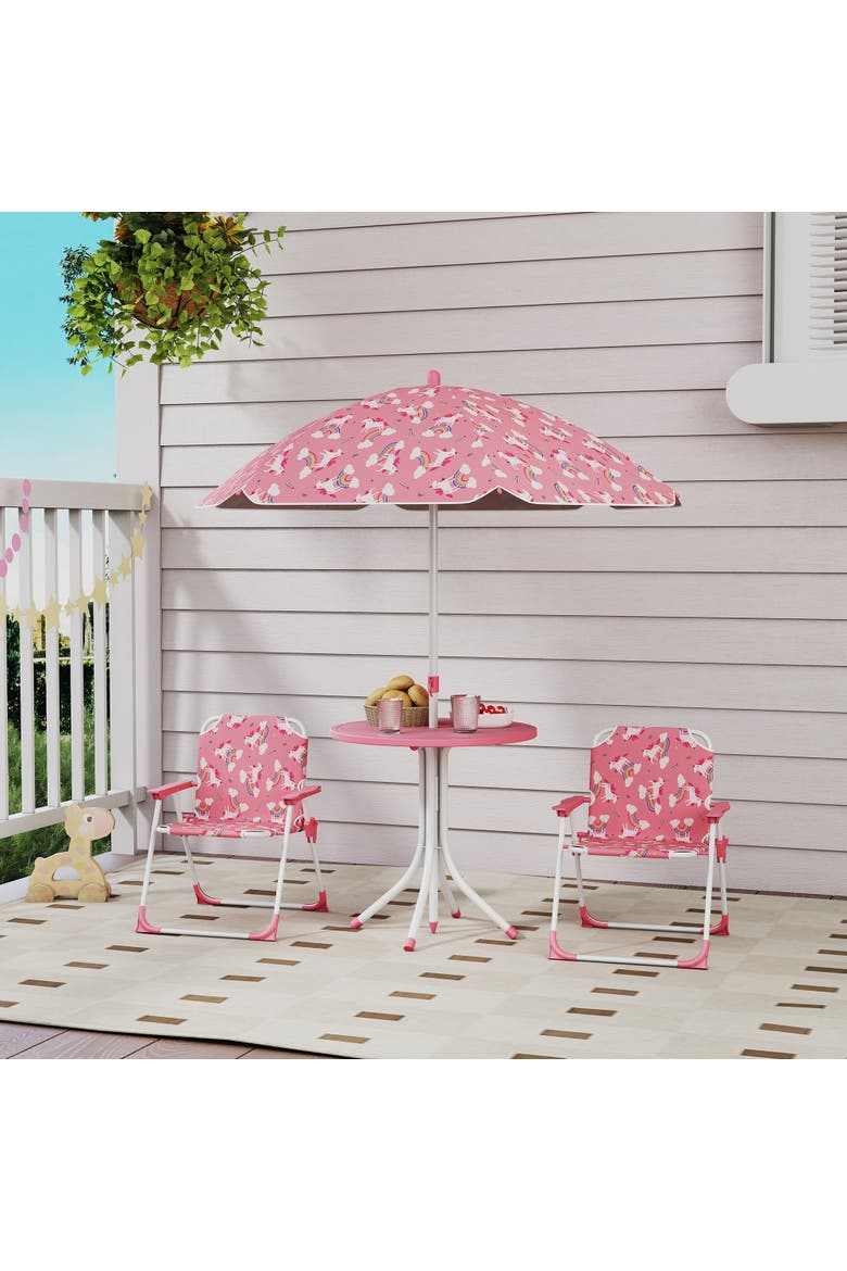 Kids Outdoor Picnic Table with Folding Chairs and Umbrella, Alternate, color, Pink