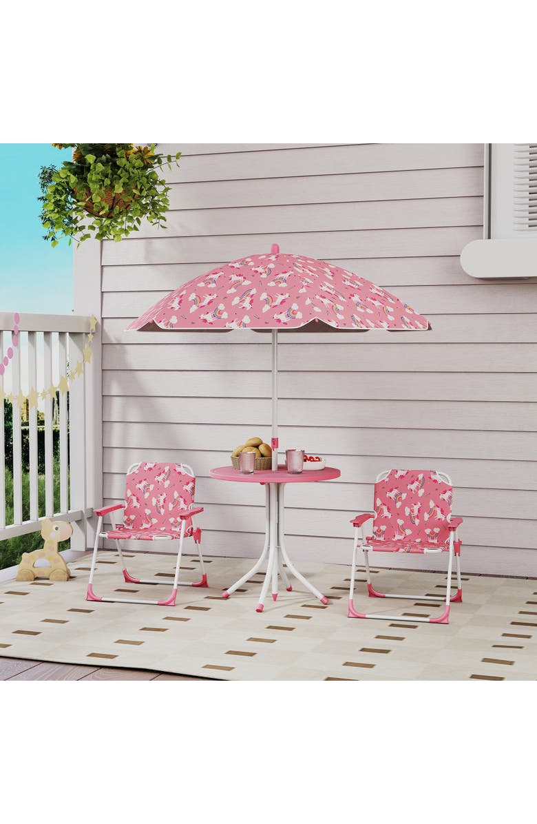 Qaba Kids Outdoor Picnic Table with Folding Chairs and Umbrella, Alternate, color, Pink