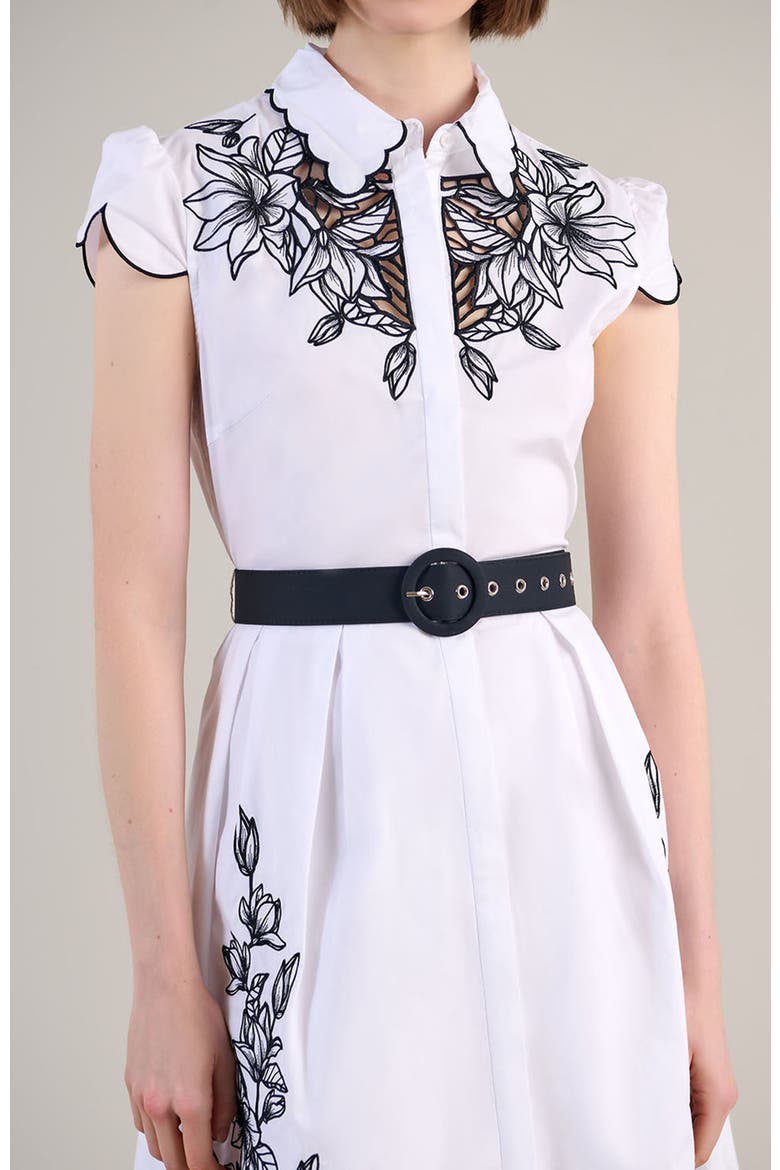 Women's Dress  Adelina White Poplin Shirt Dress With Black Embroidery Detailing, Scalloped Hem, Pockets & Removable Belt, Alternate, color, Black/White
