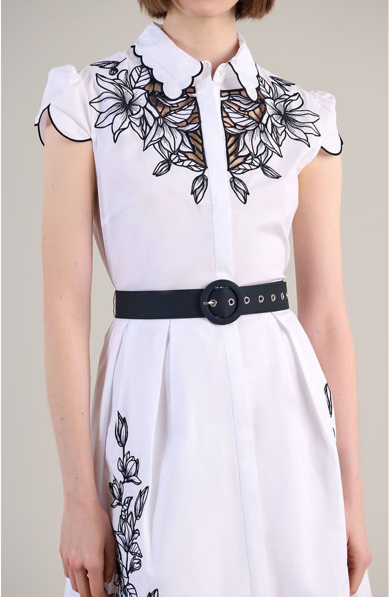 Anne Fontaine Women's Dress  Adelina White Poplin Shirt Dress With Black Embroidery Detailing, Scalloped Hem, Pockets & Removable Belt, Alternate, color, Black/White