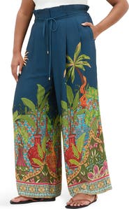 City Chic Print Pleated Wide Leg Pants