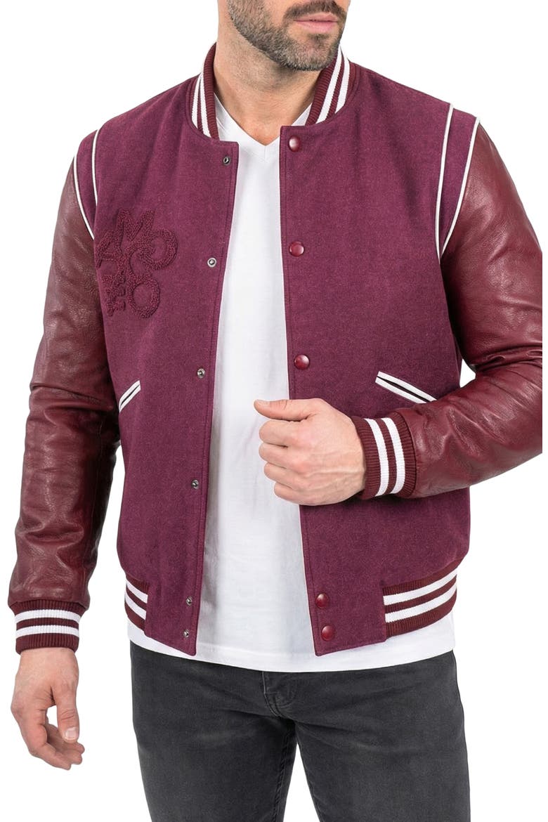 Marthyr Leather Sleeve Varsity Jacket, Alternate, color, RED
