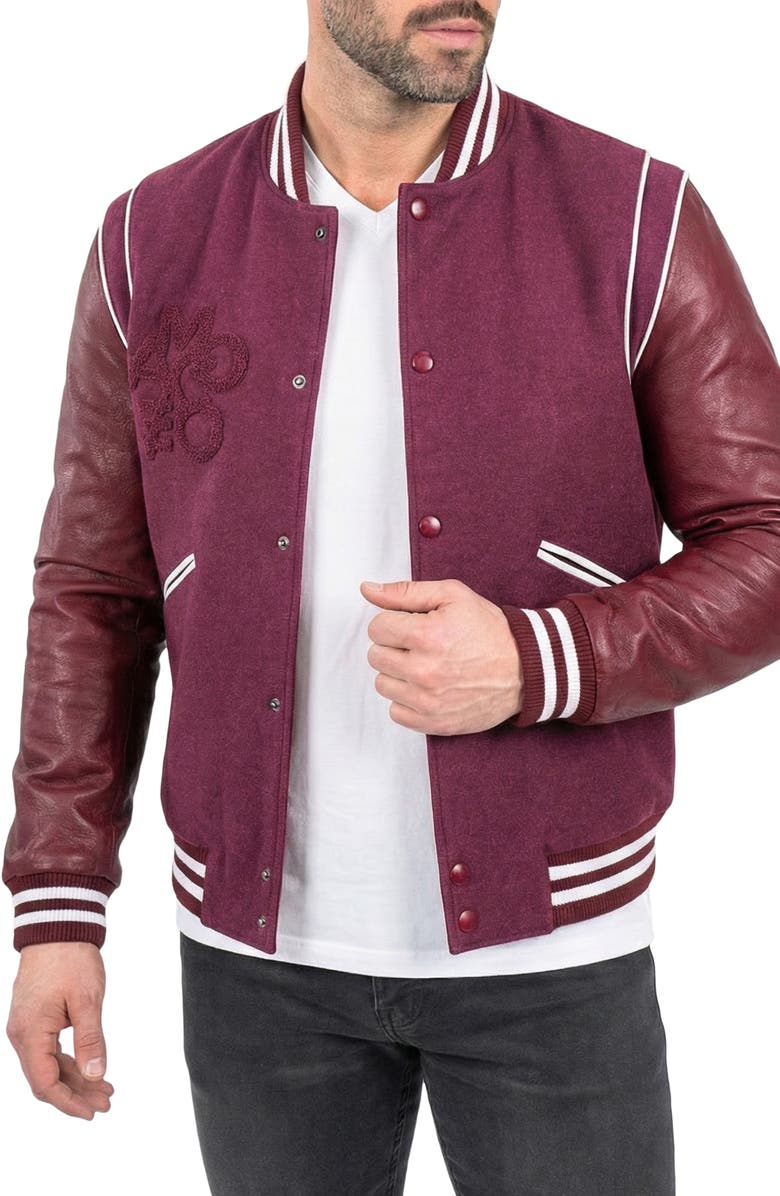 Maceoo Marthyr Leather Sleeve Varsity Jacket, Alternate, color, Red