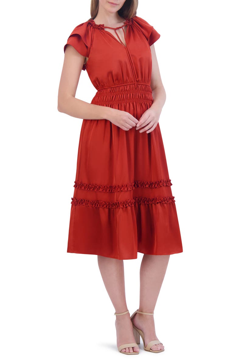 Eliza J Tiered Ruffle Sleeve Tie Neck Midi Dress, Main, color,