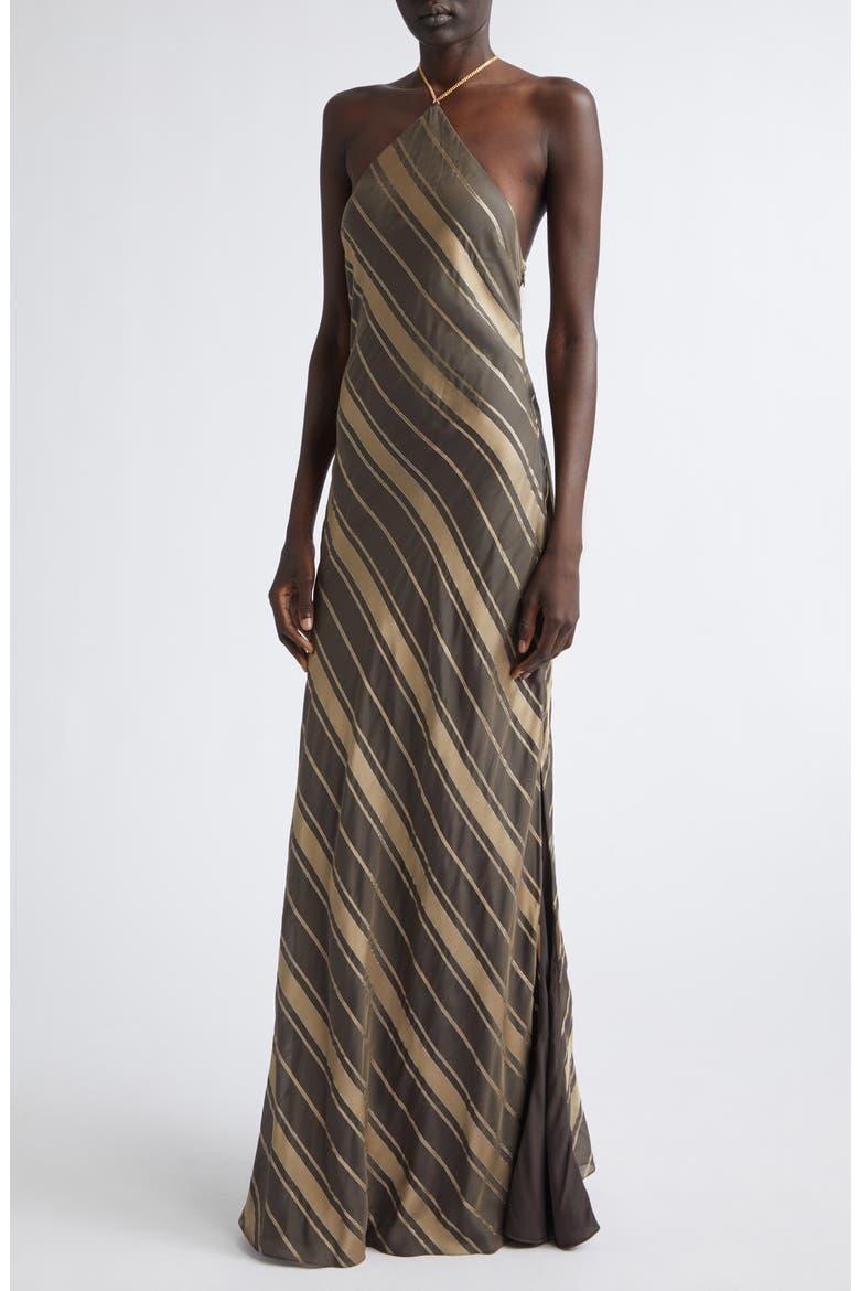Metallic Diagonal Stripe Halter Gown, Alternate, color, TRUFFLE
