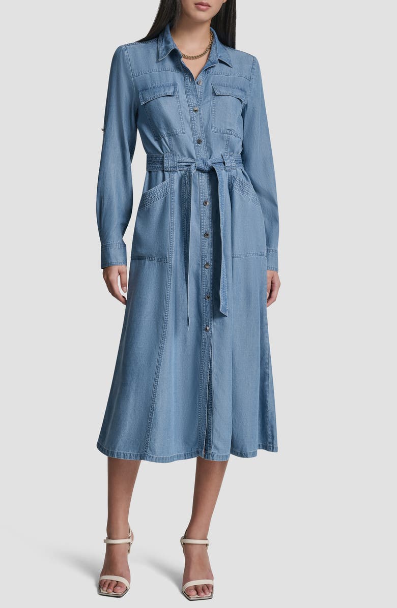DKNY Tie Waist Roll Tab Chambray Midi Shirtdress, Main, color, Stream Wash