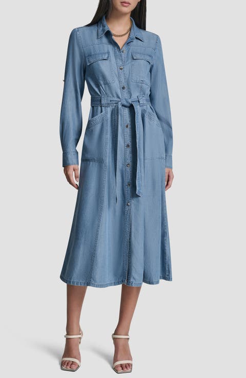 Tie Waist Roll Tab Chambray Midi Shirtdress