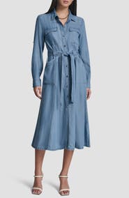 DKNY Tie Waist Roll Tab Chambray Midi Shirtdress