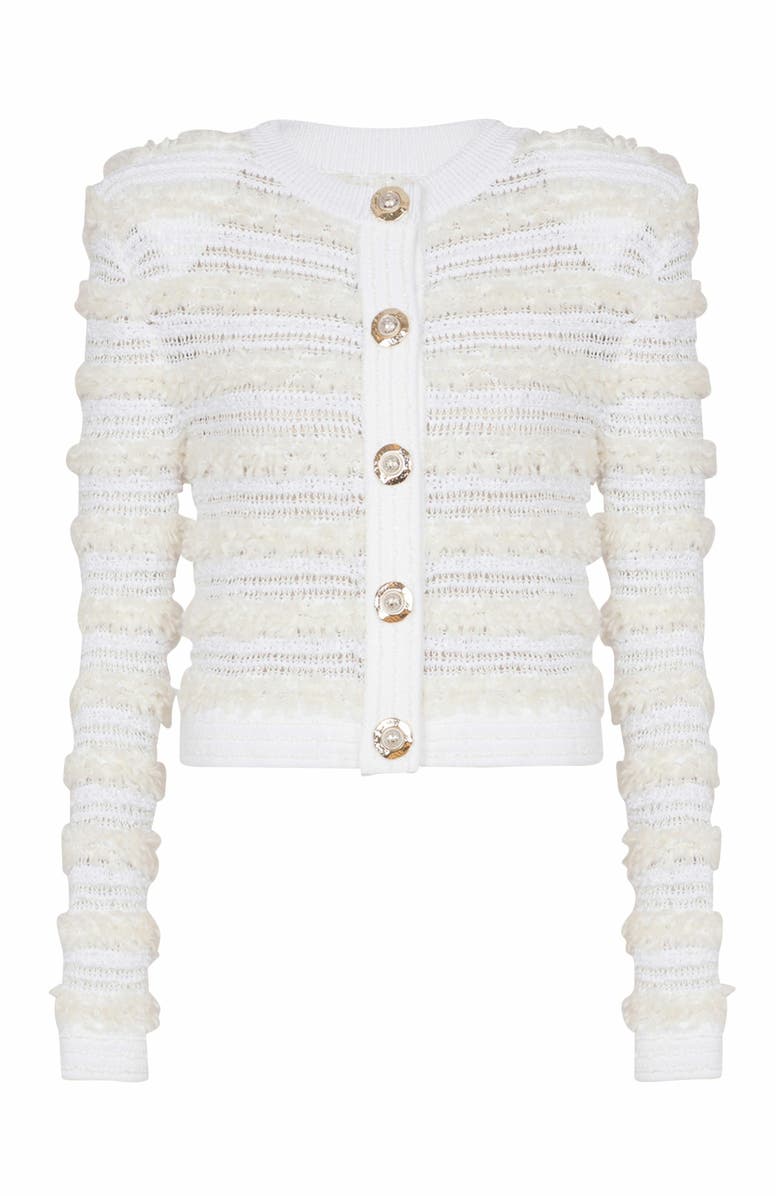 Balmain Long-Sleeved Tweed-Effect Knit Cardigan, Alternate, color, White