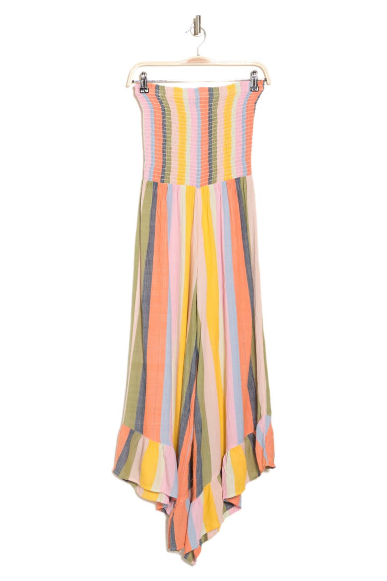 Smocked Bodice Angled Hem Strapless Jumpsuit, Alternate, color, MULTI