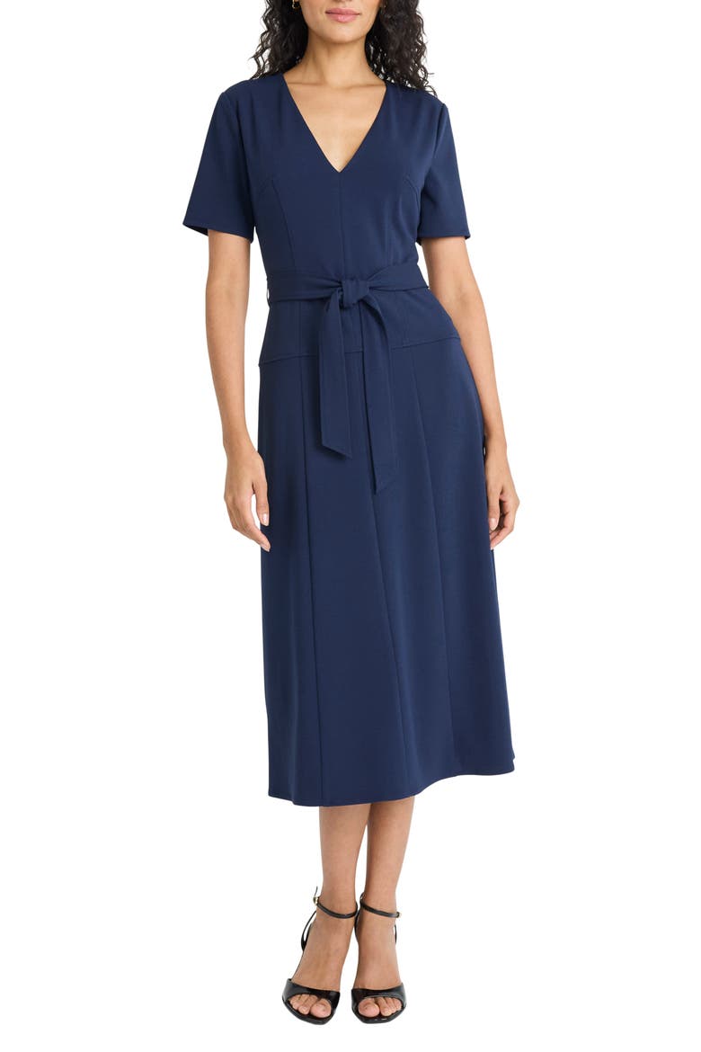 Short Sleeve Tie Waist A-Line Midi Dress, Main, color, NAVY BLAZER