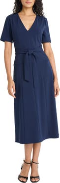 Maggy London Short Sleeve Tie Waist A-Line Midi Dress