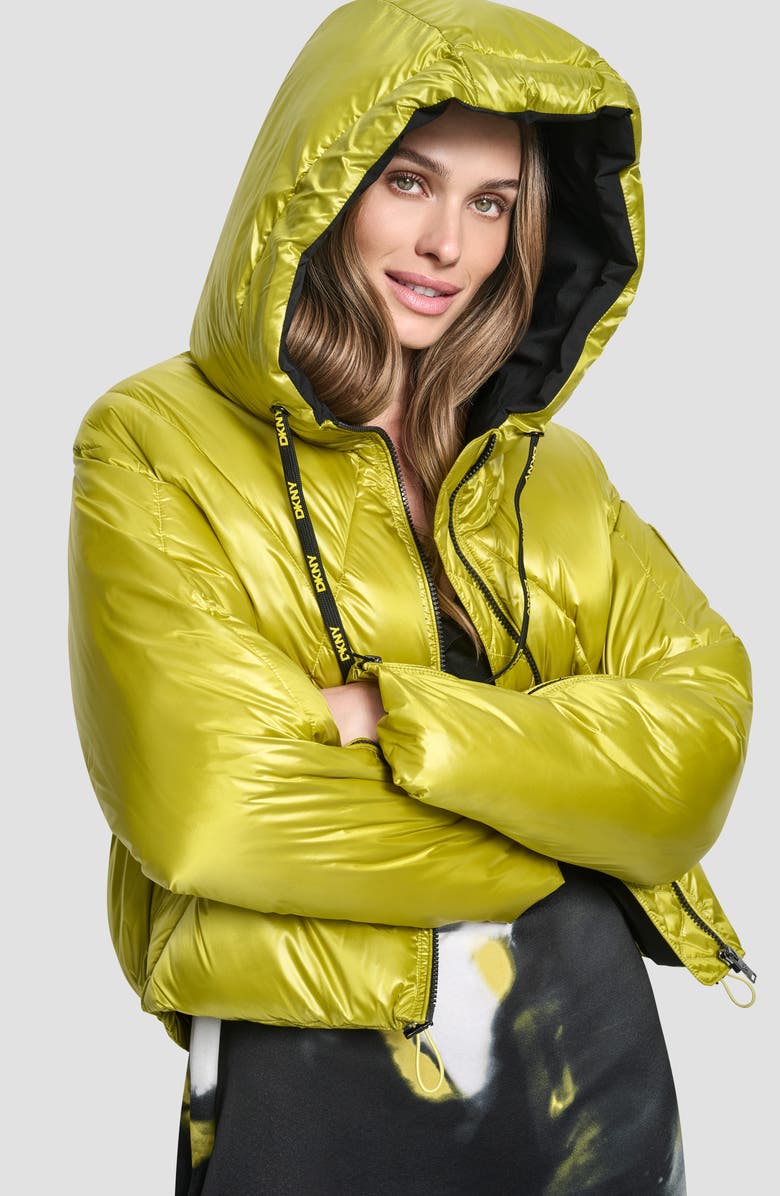 DKNY Crop Hooded Puffer Jacket, Alternate, color, Citronella