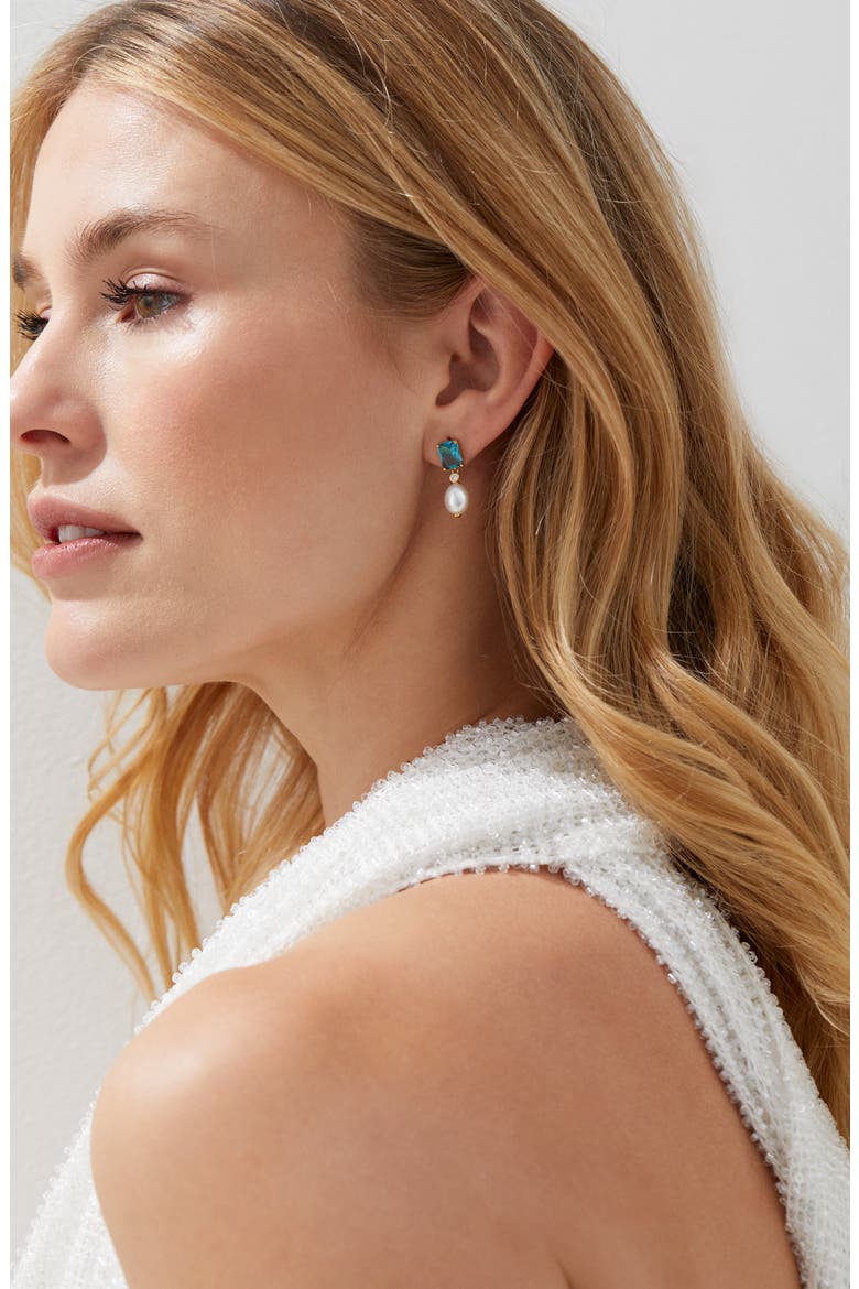 Blue Lagoon Cubic Zirconia & Freshwater Pearl Drop Earrings, Alternate, color, GOLD