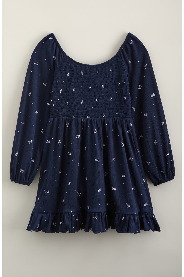 Kids' Ruffle Hem Smocked Dress, Alternate, color, NAVY- PINK DOTTY BOWS