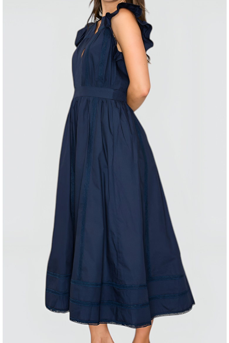 Flutter Sleeve Midi Dress with Deep V-Neckline and Tiered Skirt, Alternate, color, Navy Blue