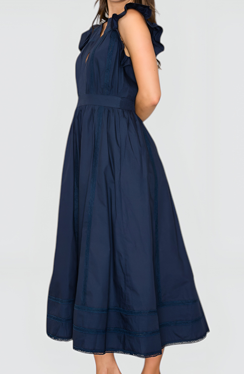 Modenaire Flutter Sleeve Midi Dress With Deep V-neckline And Tiered Skirt In Blue