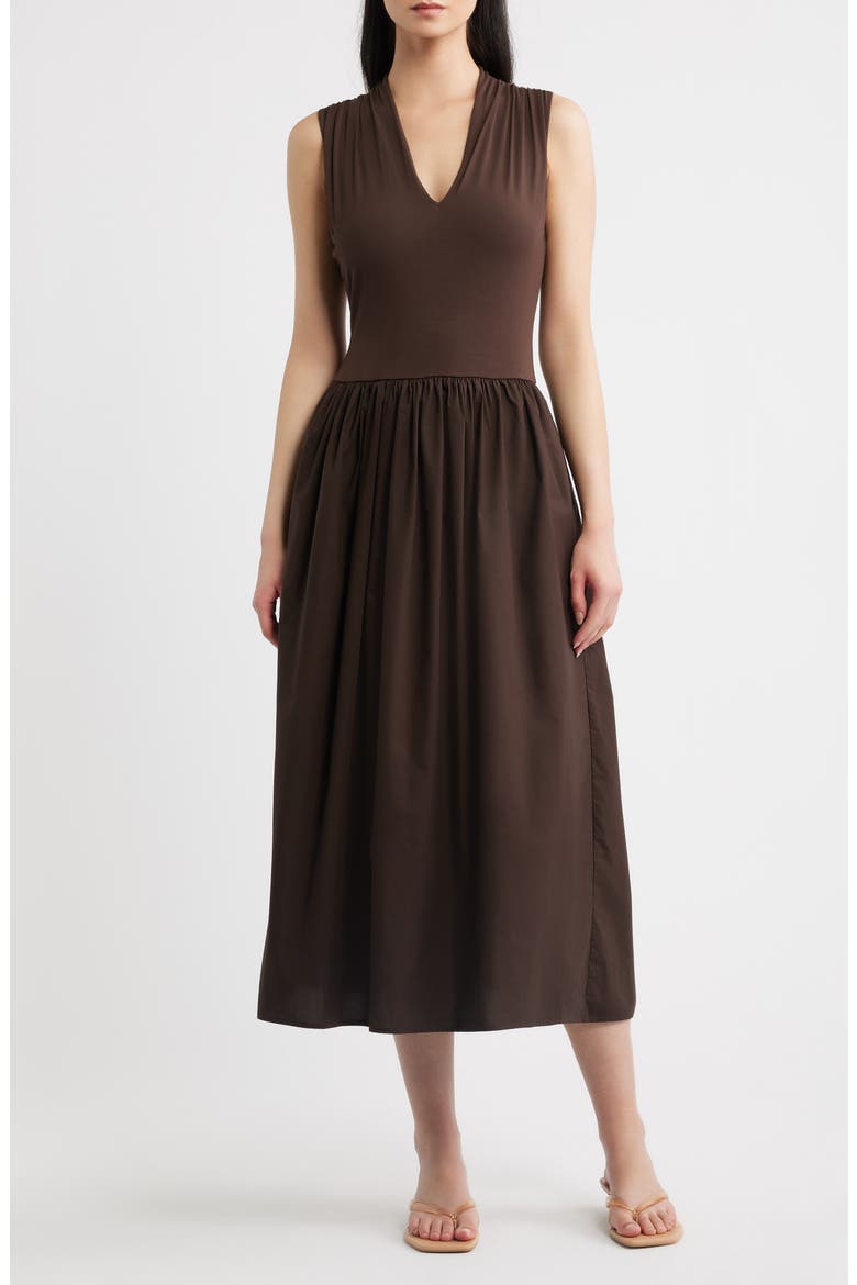 Winnie Mixed Media Midi Dress, Main, color, ESPRESSO