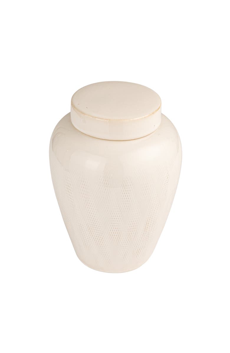 Storied Home Large Decorative Debossed Stoneware Ginger Jar with Pattern, Lid and Reactive Glaze, White, Main, color, White
