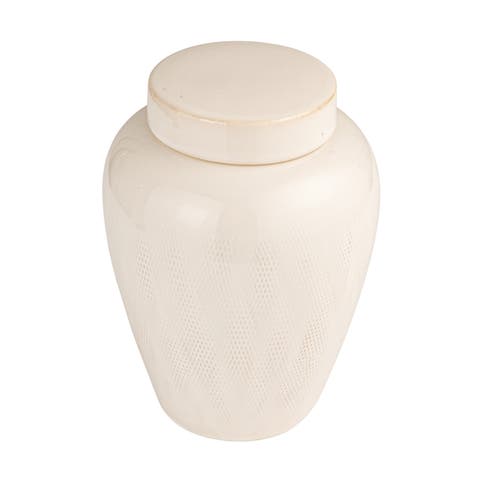 Large Decorative Debossed Stoneware Ginger Jar with Pattern, Lid and Reactive Glaze, White