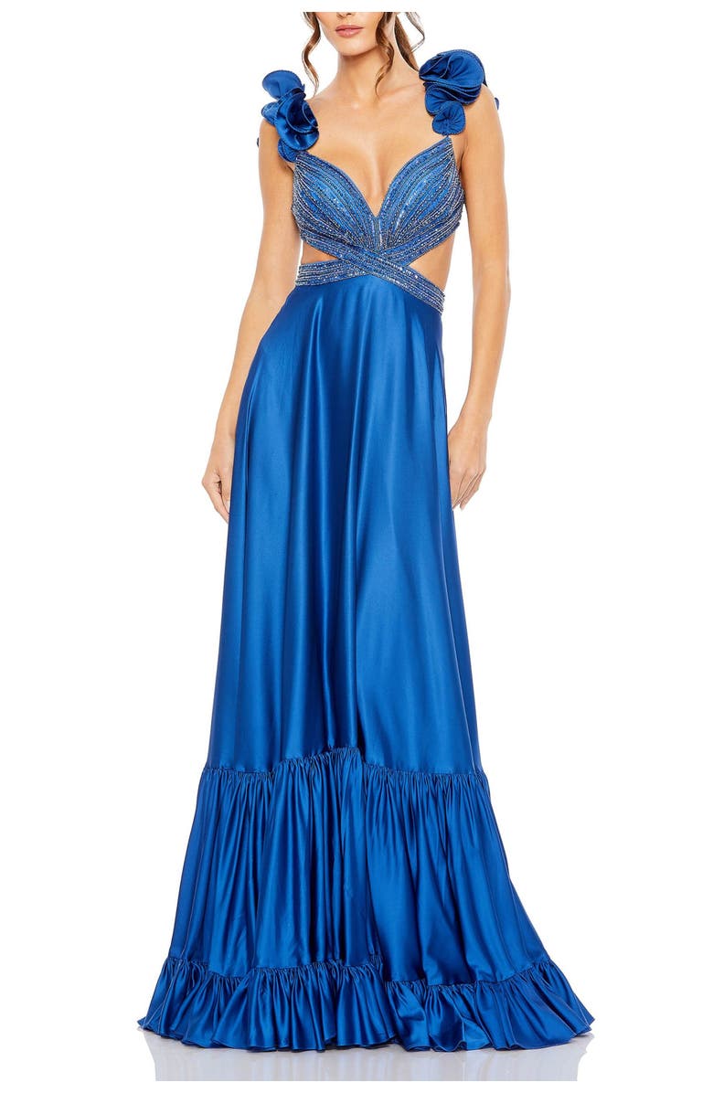 Mac Duggal Sequined Mesh Overlay Satin Dress with Ruffled Cap Sleeves and Beaded Bodice, Main, color, Royal