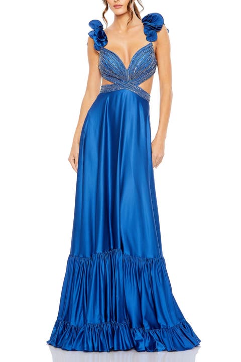 Sequined Mesh Overlay Satin Dress with Ruffled Cap Sleeves and Beaded Bodice