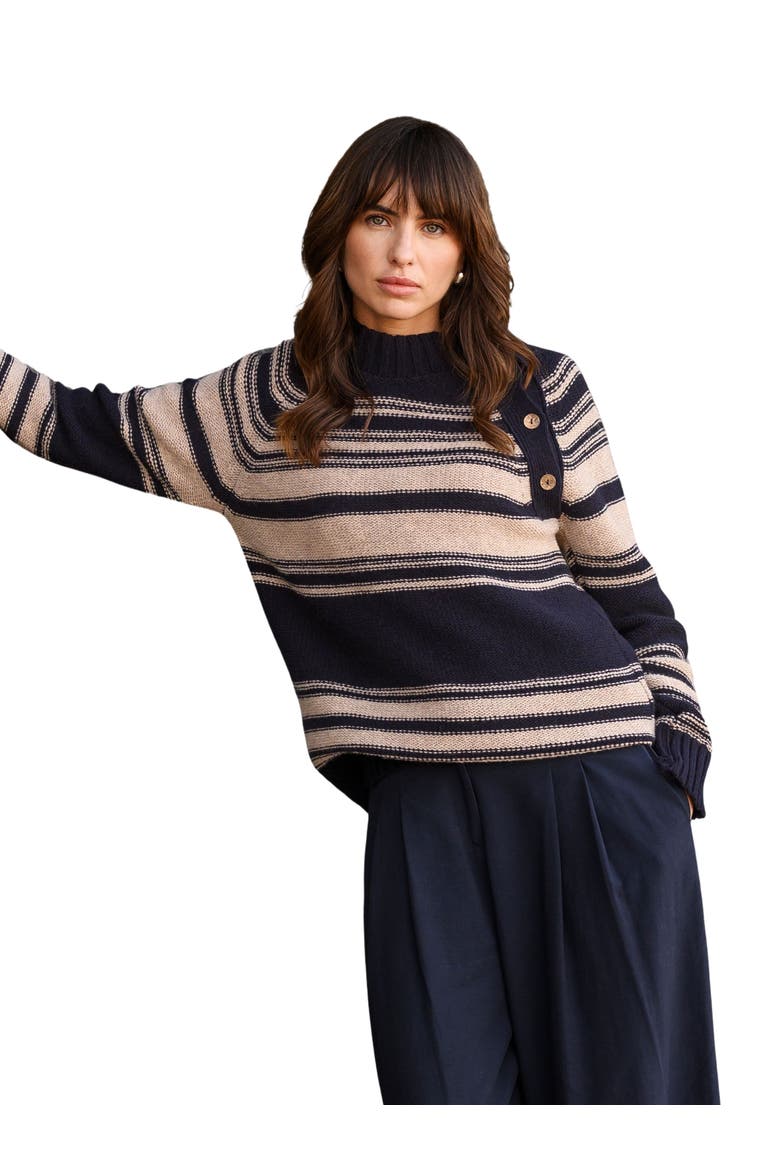 Pure Wool Stripe Button Neck Sweater, Main, color, DARK NAVY / OATMEAL